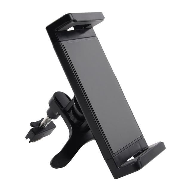soporte universal para coche con rotación de 360º para teléfono y tableta negro, vista 3/4 frontal que muestra abrazaderas superior e inferior acolchadas, pinza para rejilla y tornillo de ajuste con rótula giratoria para orientación vertical u horizontal; también suele usarse como soporte de escritorio para videollamadas.