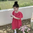 thumbnail image 2 of Girls Puff Sleeve Dress Square Neck Bowknot Tie Back Cute Summer Midi Dresses with Polka Dots Print (4 Years, Hot Pink), 2 of 7