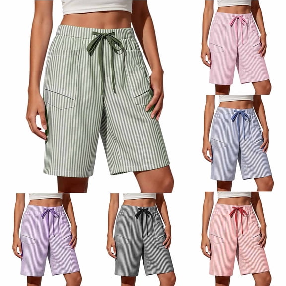 Noric Women's Summer Striped Bermuda Shorts High Waisted Elastic Waist with Drawstring Casual Beach Shorts with Pockets