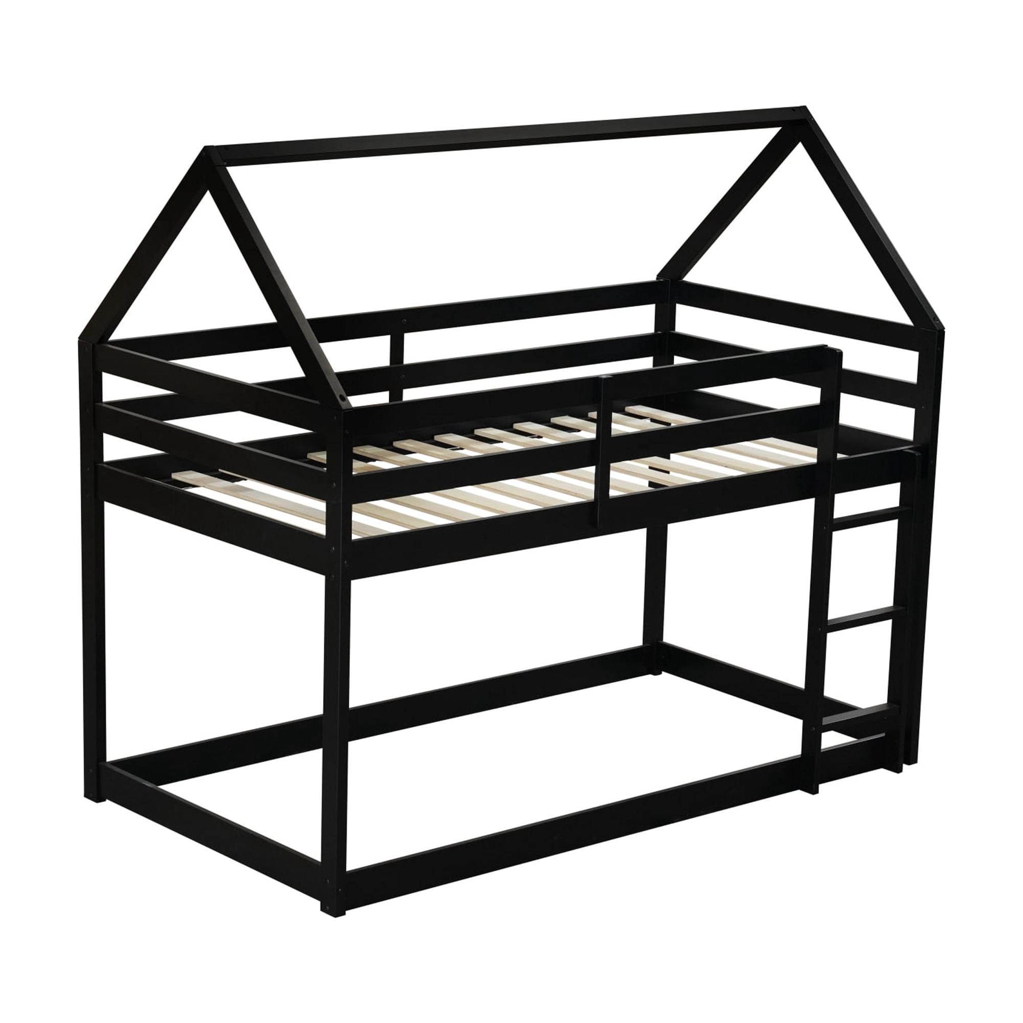 Leumius Twin over Twin Size Floor Bunk Bed with Ladder and Guardrails,House-Shaped-Bunk Bed for Boys Girls Black