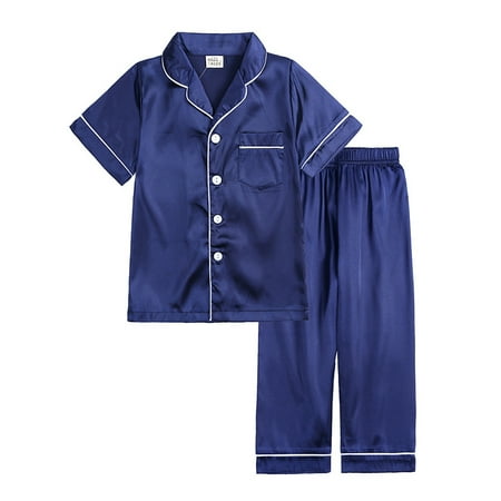 

Toddler Satin Pajamas Solid Color Silk Button Down Pajamas Set for Boys Girls 2 Piece Short Sleeve Sleepwear 4-5Y Champagne