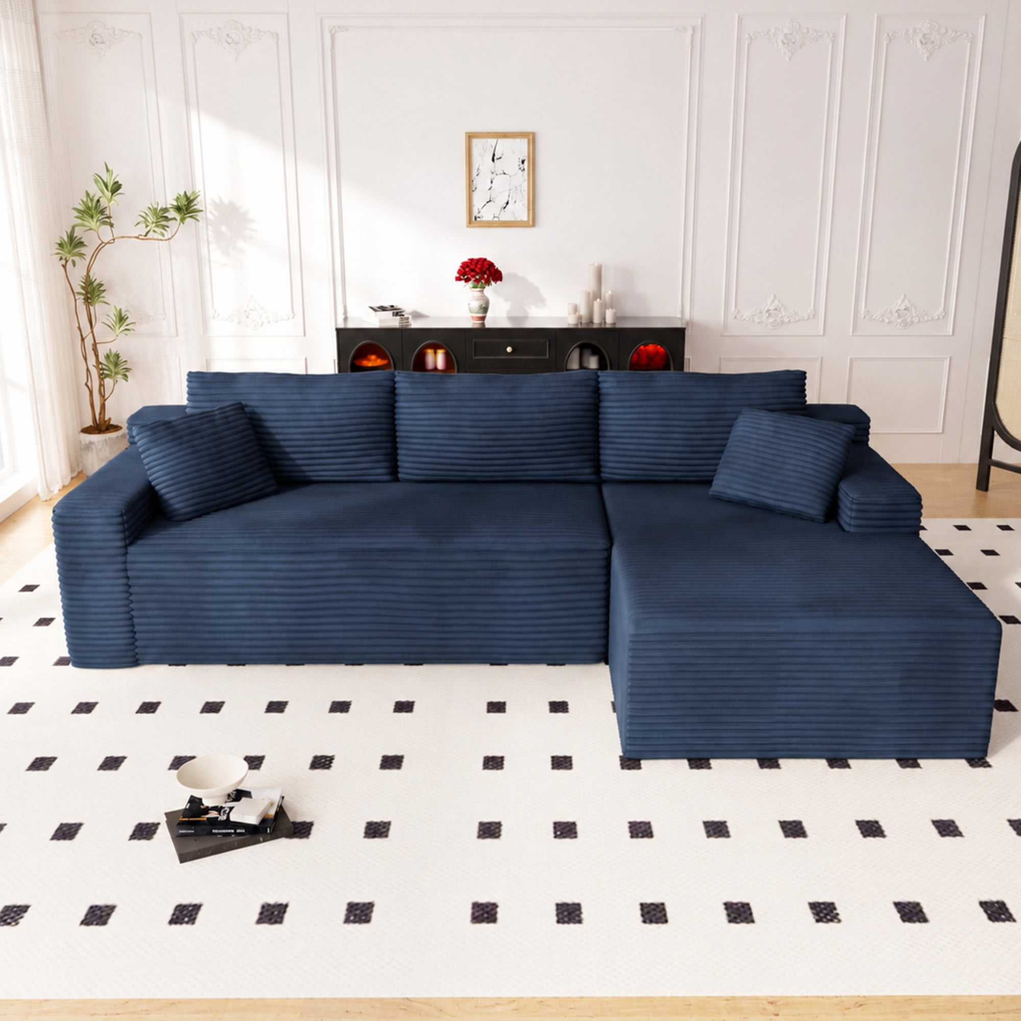 Lunale 105" Modular L-Shaped Sectional Sofa, Boneless Cloud Couch, No Assembly Required, Modern Deep Seat Corduroy Sofa for Living Room, Blue (Right Facing Chaise)
