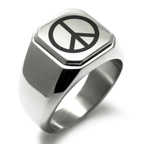 Stainless Steel Peace Engraved Square Flat Top Biker Style Polished Signet Ring
