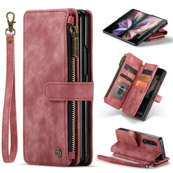 Nalacover Zipper Wallet Case for Samsung Galaxy Z Fold4, Premium PU Leather Wrist Hand Strap Card Slots Holder Flip Folio Cover with Magnetic Suction Kickstand Large Capacity Shockproof Case, Red