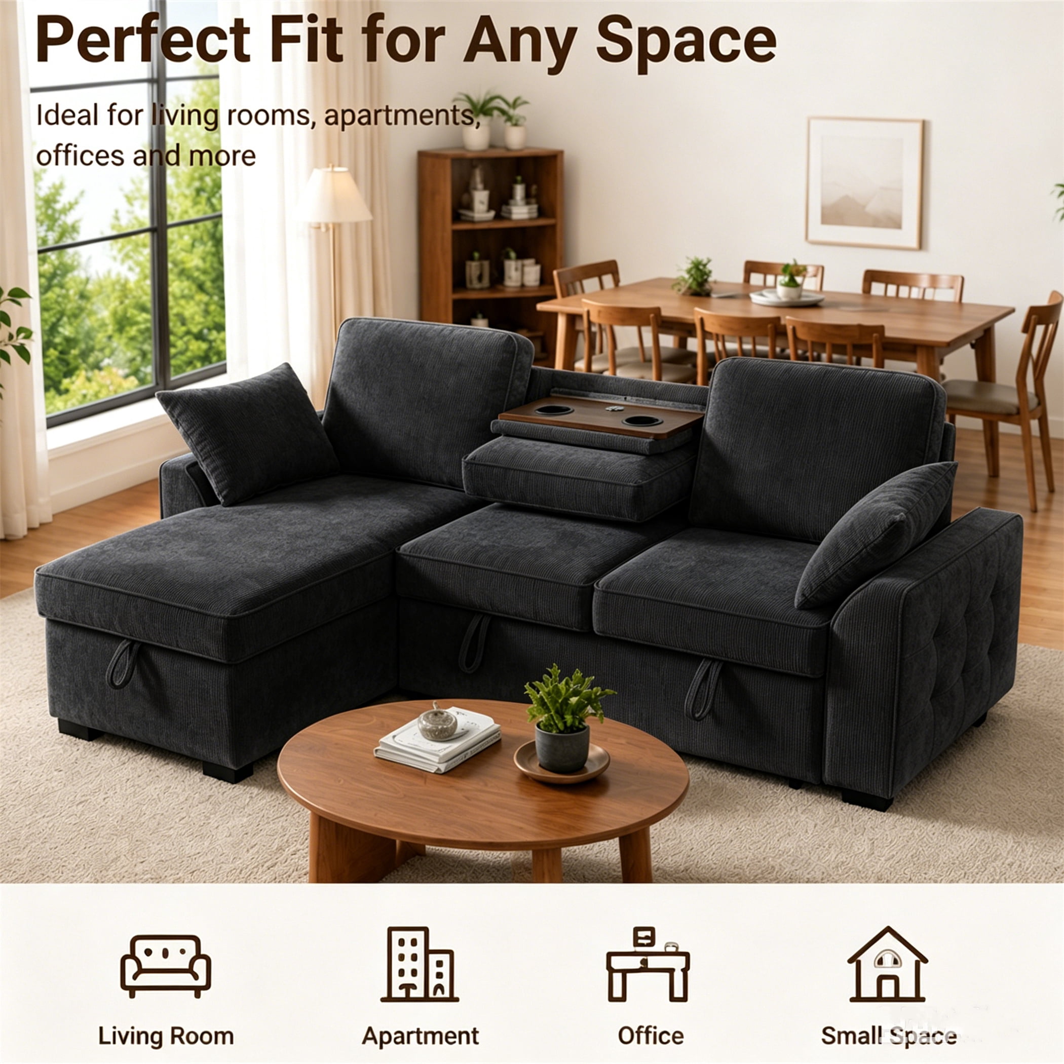 Aukfa 86" L-Shaped Convertible Sectional Sleeper Sofa Bed with USB & Cup Holders Console, Storage Chaise for Living Room, Chenille, Black Gray