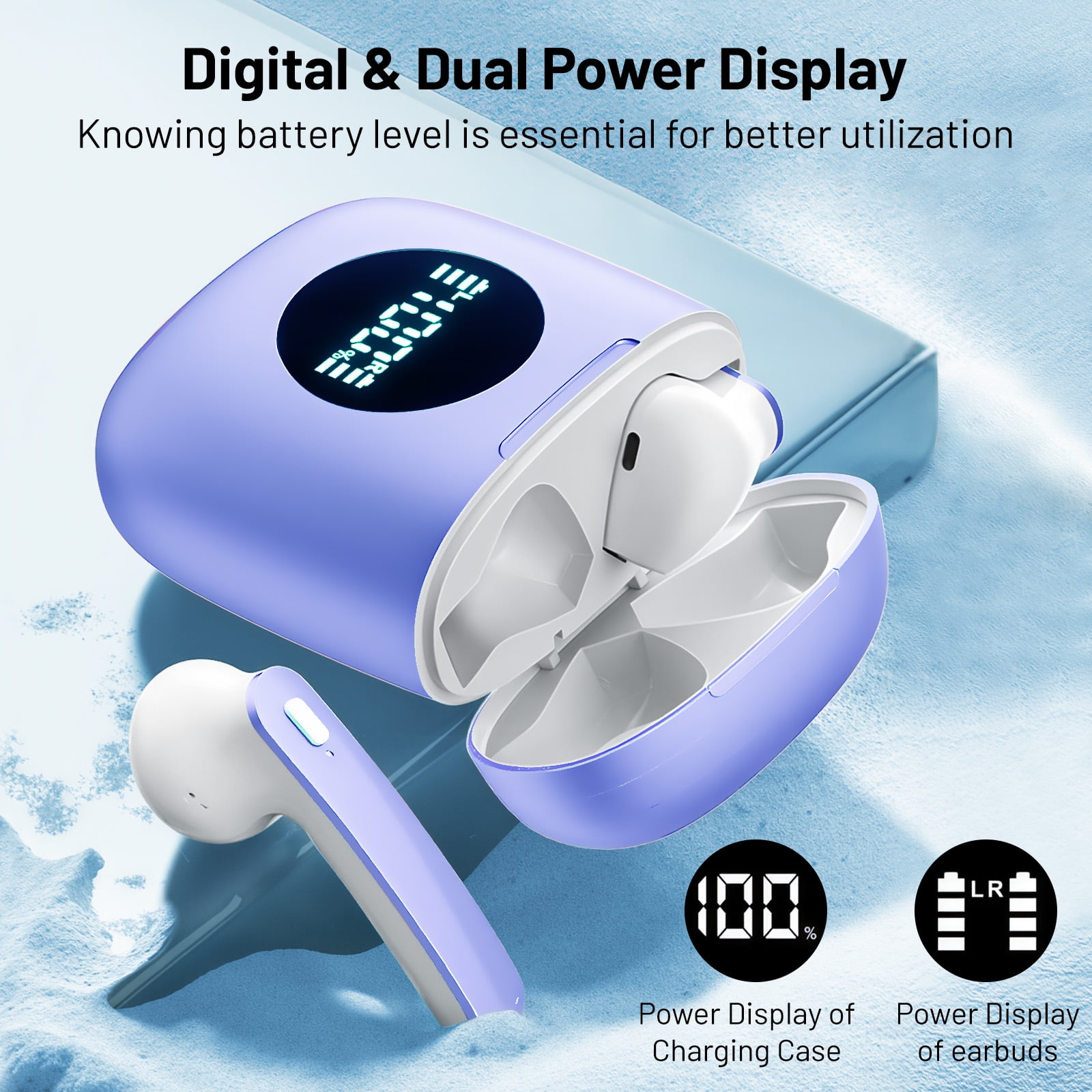 Atilioo Wireless Earbuds V5.3 Bluetooth Headphones with Deep Bass Stereo Power Display, 40H Playback with Charging Case, IP7 Waterproof in-Ear Earphones with Mic for TV Sport, Android iOS, Blue