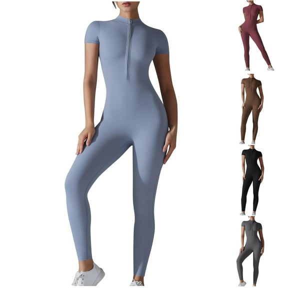 AGWOLF Full Body Shapewear Bodysuits for Women Seamless Short Sleeve Workout Jumpsuit Zip Up Romper Bodycon One Piece Tracksuit