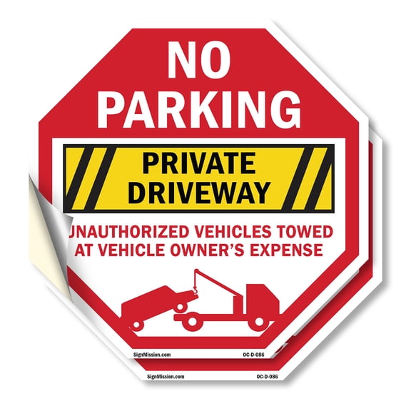 No Parking Private Driveway Unauthorized Vehicles Towed at Vehicle Owner's Expense (2 Pack) 4 inch X 4 inch Octagon Vinyl Label Decal Sticker Weather Resistant, UV Protected, Made in