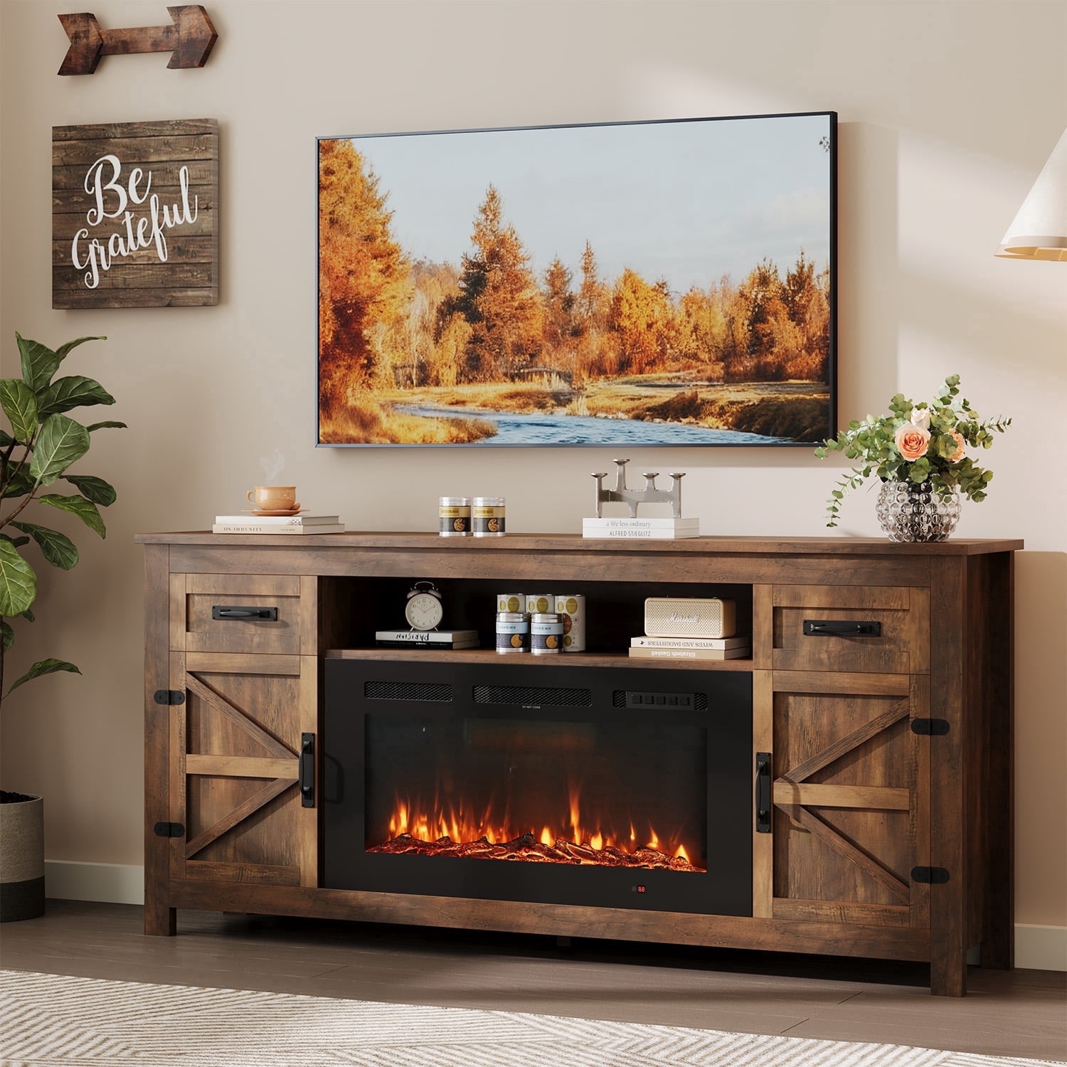 BELLEZE 74 Inch Rustic TV Stand with Electric Fireplace, Storage