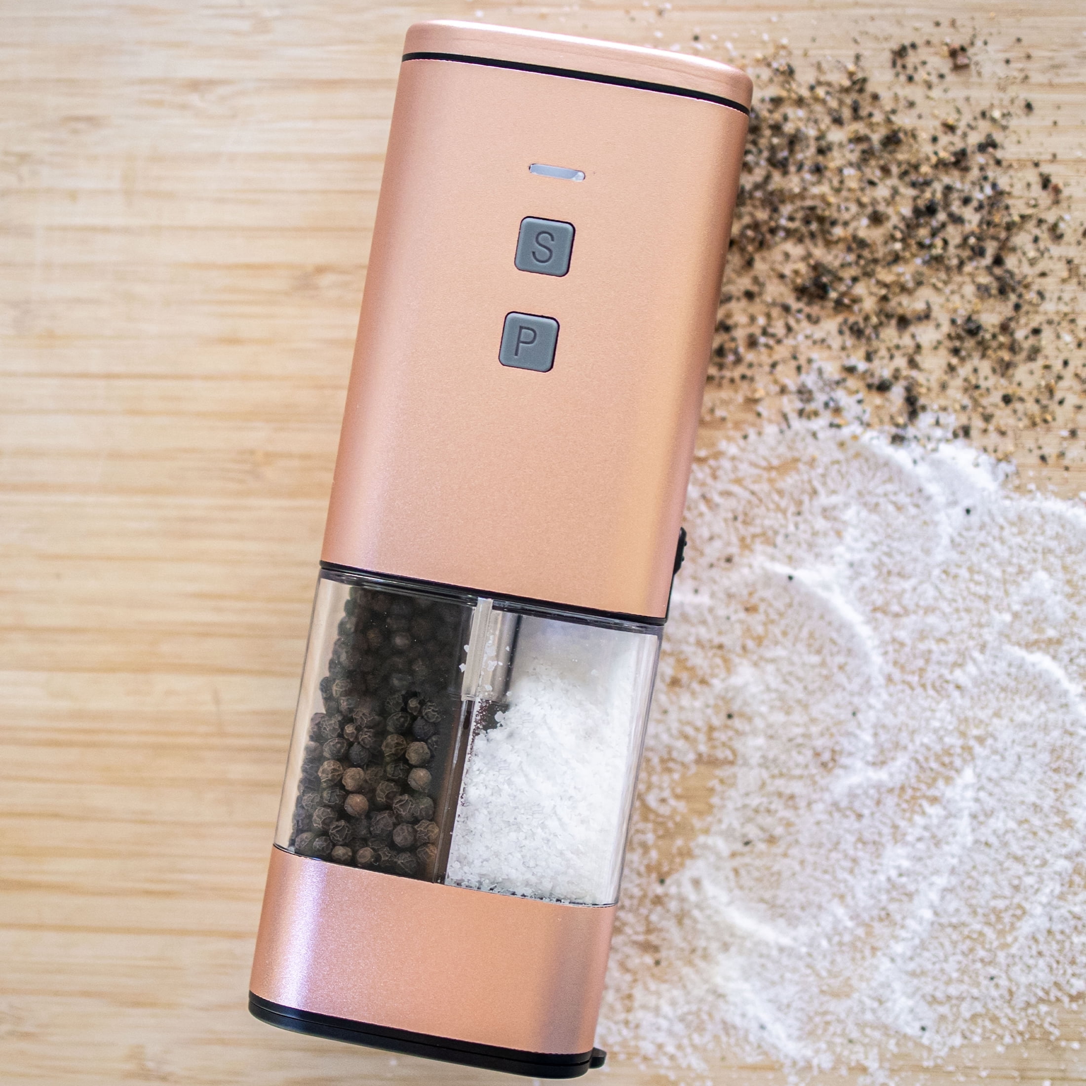 2-in-1 USB Rechargeable Salt and Pepper Grinder – Single Pack Electric Grinder with Adjustable Coarseness, LED Light, and One-Handed Operation – Neutral Color – Peachy Beige