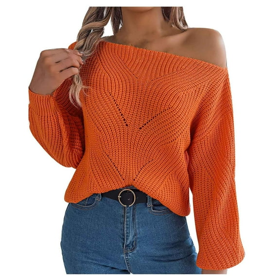 AKOEE Oversized Sweaters Women Off Shoulder Knit Tops Boat Neck Solid Color Long Sleeve Loose Pullover Jumpers (S, Orange)