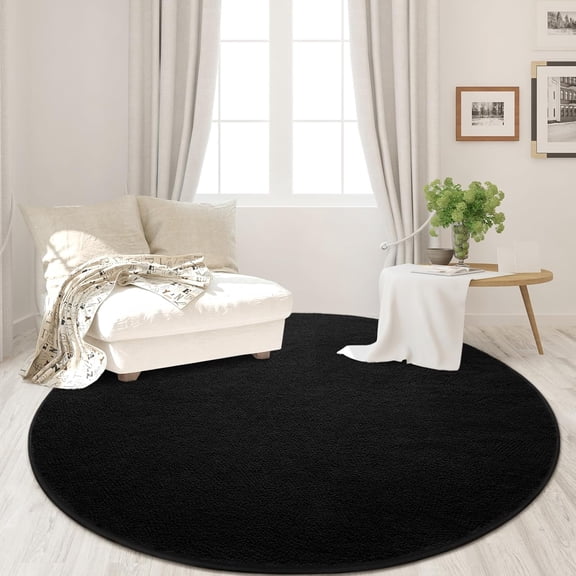 6' Round Black Area Rug - Premium Wool Coral Fleece with Memory Foam and Non-Slip Backing