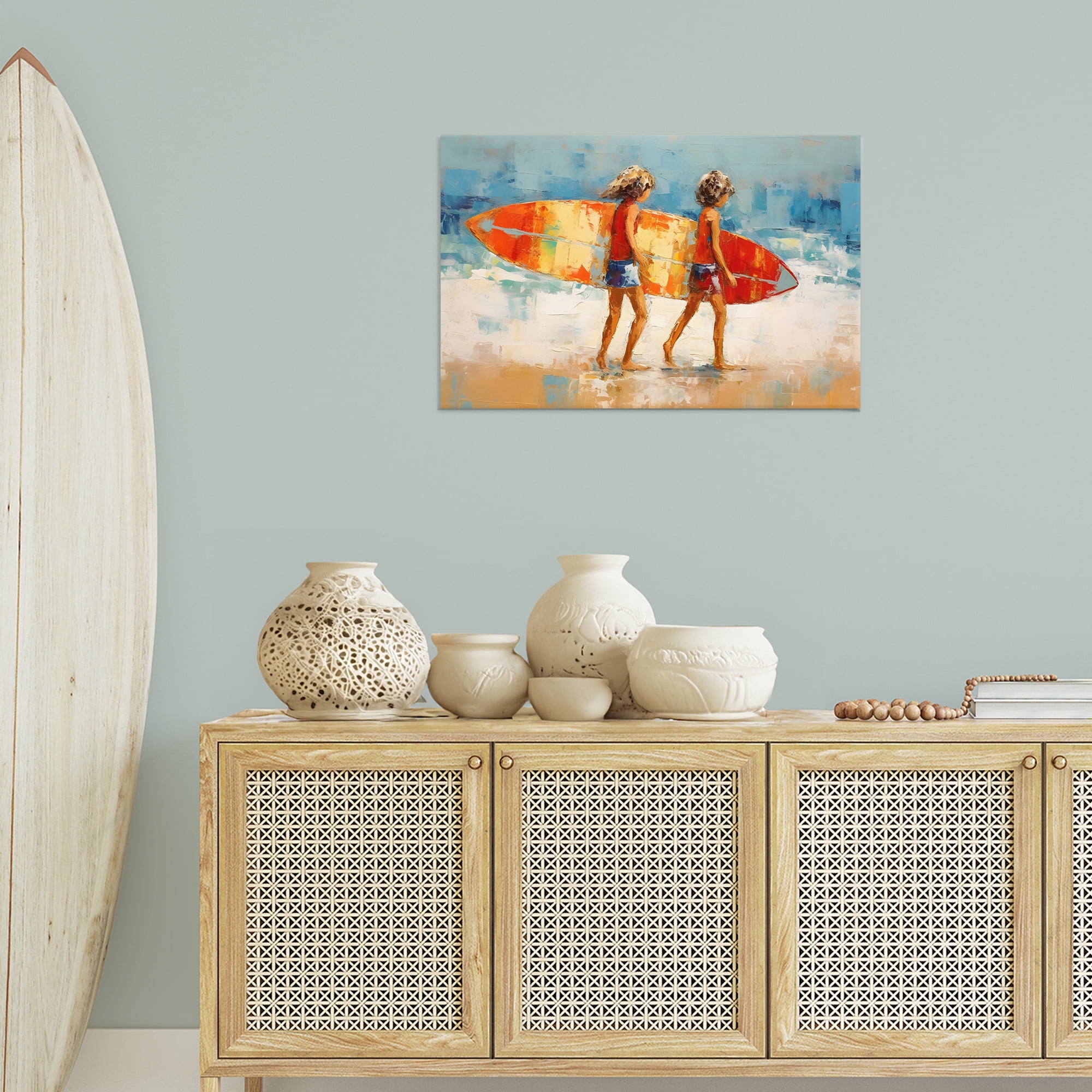Stupell Industries Kids Holding Surfboard People Painting Wrapped Canvas Art Print Wall Art, 30 x 20