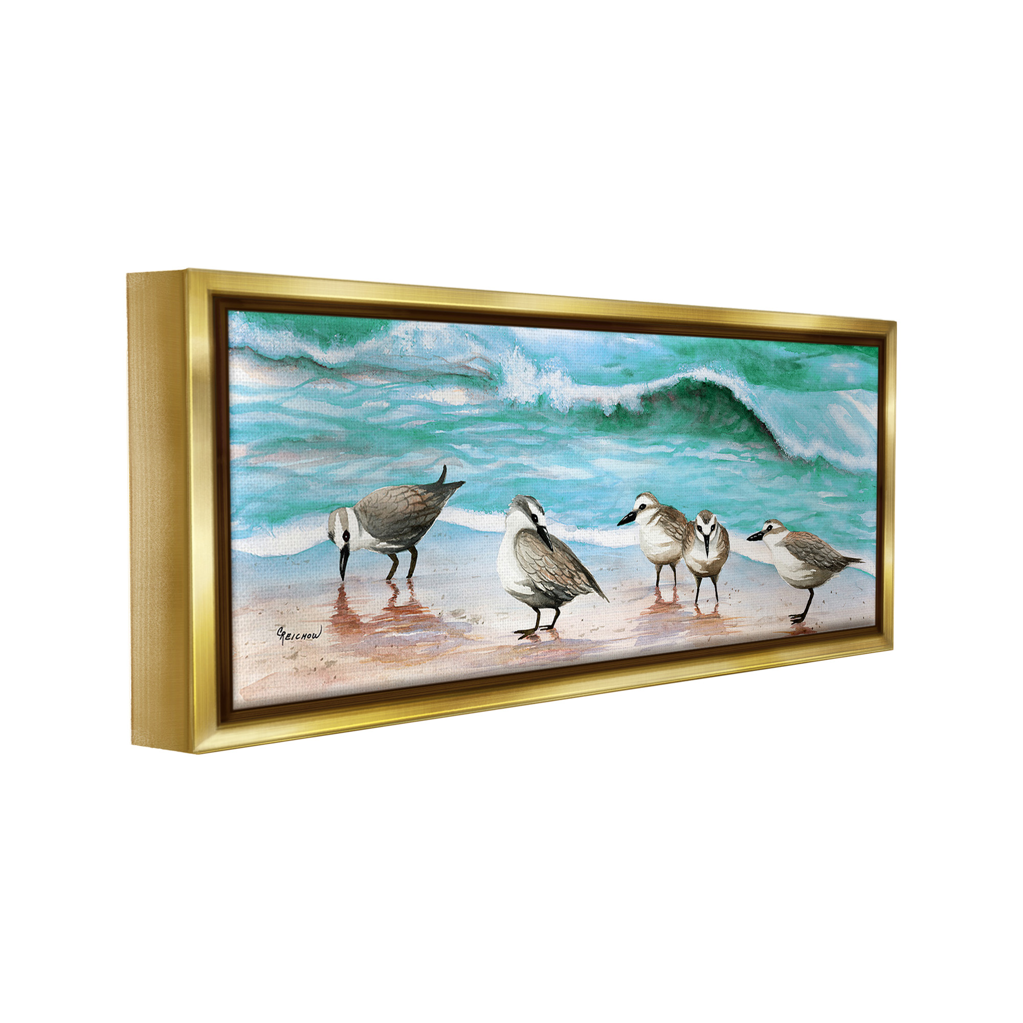 Stupell Industries Sandpipers Along Beach Shore Animals & Insects Painting Gold Floater Framed Canvas Art Print Wall Art, 25 x 11