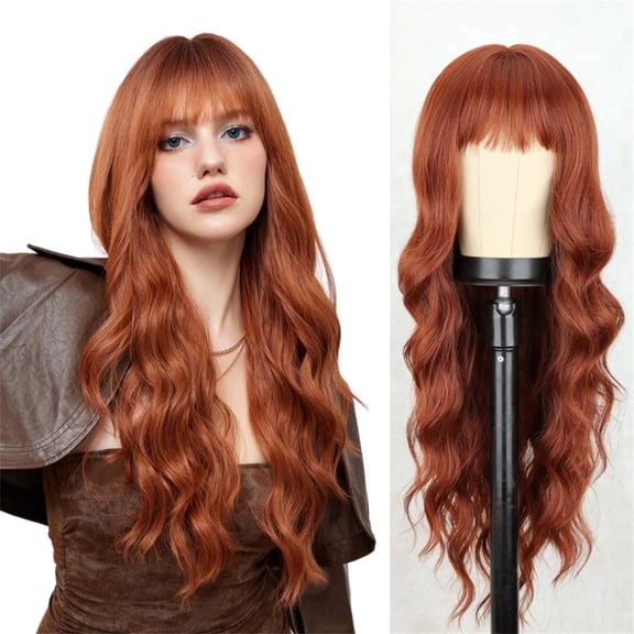 Jademall 26 Inch Long Body Wave Wig with Bangs, Synthetic Dirty Orange Curly Hair, Fluffy Full Head Wig for Daily, Party & Dance Use
