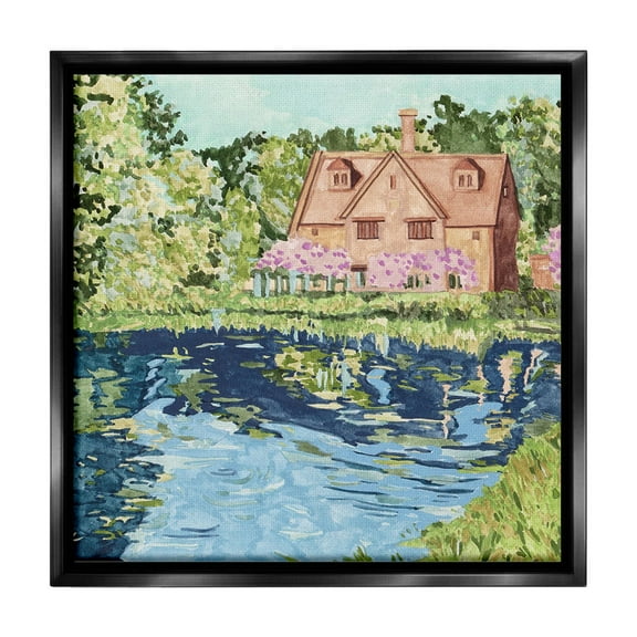 Stupell Industries Country Cottage & Pond Landscape Painting Black Floater Framed Canvas Art Print Wall Art, 18 x 18