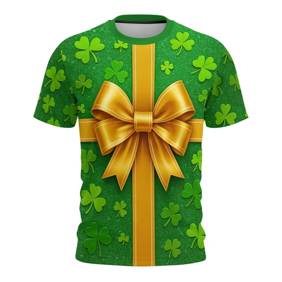 Ounisa Funny World Women's Holiday Bows Four Leaf Clover Graphic Short Sleeve Novelty Party Costume Top