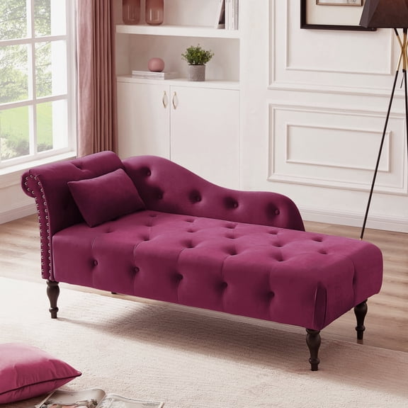 Newboti Furniture 60.6" Velvet Chaise Lounge Buttons Tufted Nailhead Trimmed Solid Wood Legs With 1 Pillow, Burgundy (Left Arm Design As Shown In The Picture) 3836