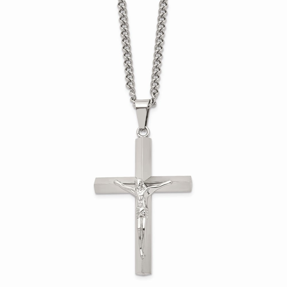 Solid Stainless Steel Men's Cross Crucifix 24 inch Pendant Necklace