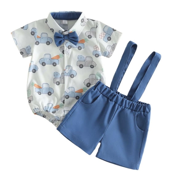 Nwiuh Newborn Baby Boy Easter Outfit Bunny Truck Short Sleeve Button Down Shirt Romper Suspender Shorts Set Summer Clothes (Blue, 0-3 Months)