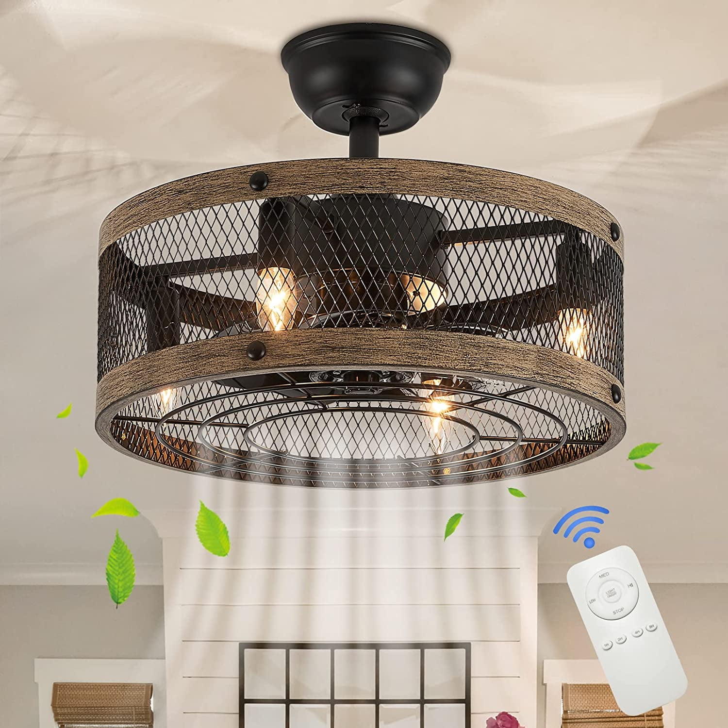 BBNBDMZ 52" Industrial Caged Ceiling Fan Light with Remote Control
