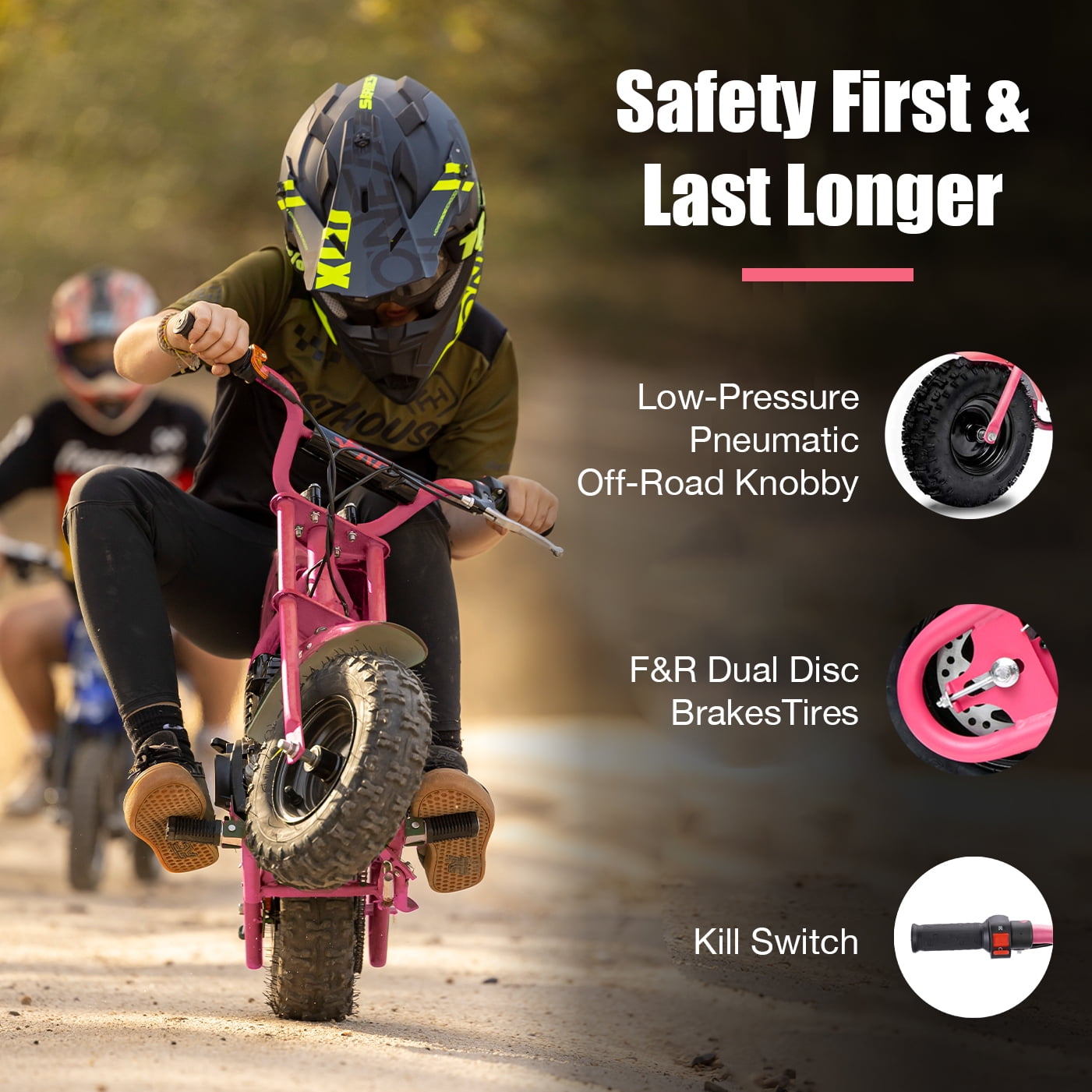 FRP 50cc Gas Dirt Bike - Pink Mini Motorcycles for Young Riders, Gas Powered Mini Bike with Safety Kill Switch, Tubeless Tires, Easy Pull Start, and EPA Approved (Pink)