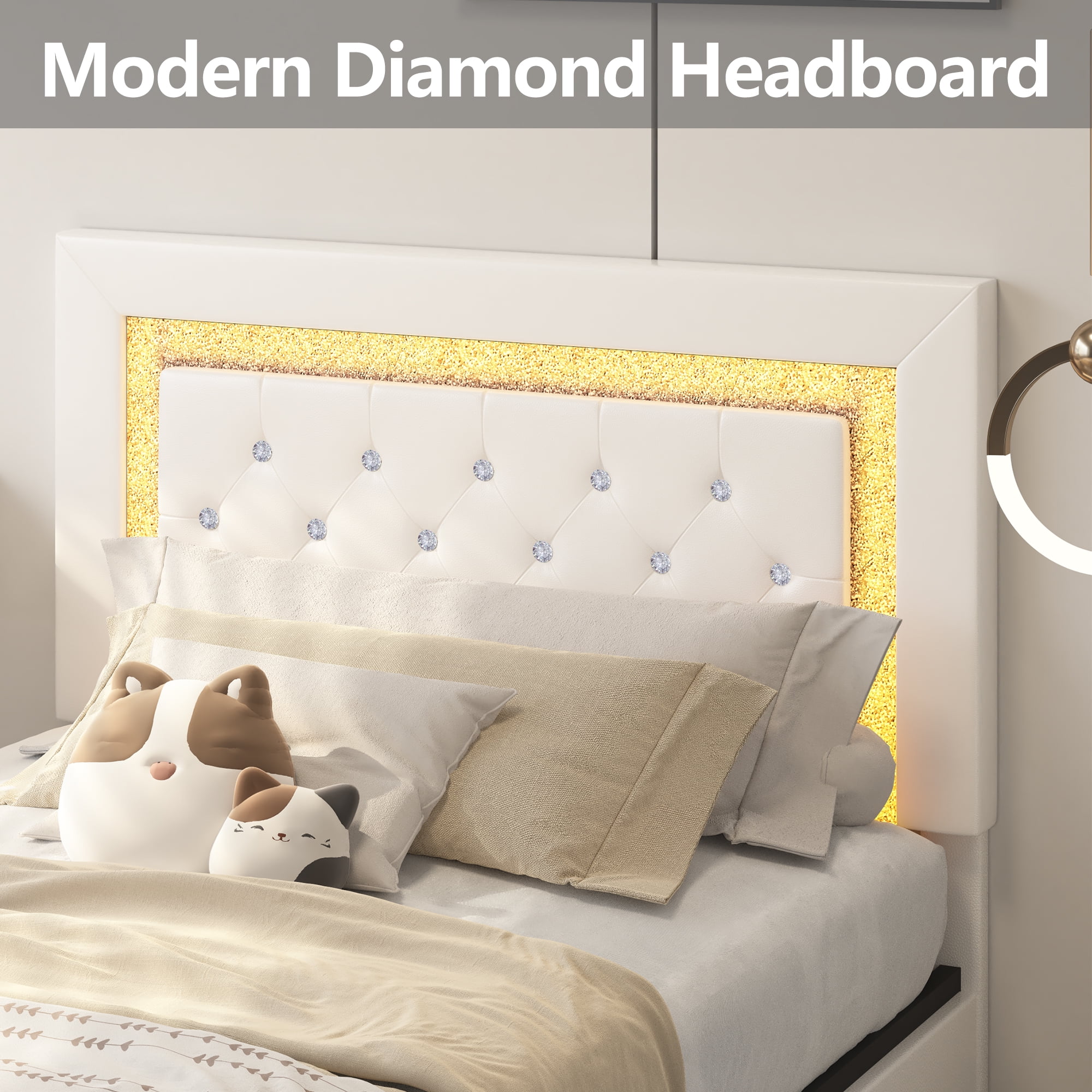 4 EVER WINNER King Size LED Bed Frame with Storage, Upholstered Platform Bed with 4 Drawers, Adjustable LED Lights Headboard, White