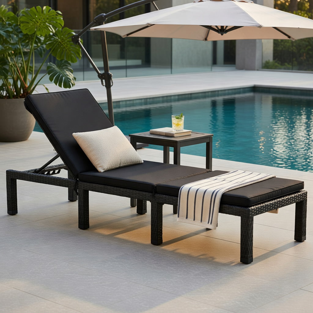 Hommoo Height-Adjustable Outdoor Rattan Lounge Chair with Dual Cushion Covers, PE Wicker Patio Recliner for Poolside, Garden & Porch, Black & Turquoise