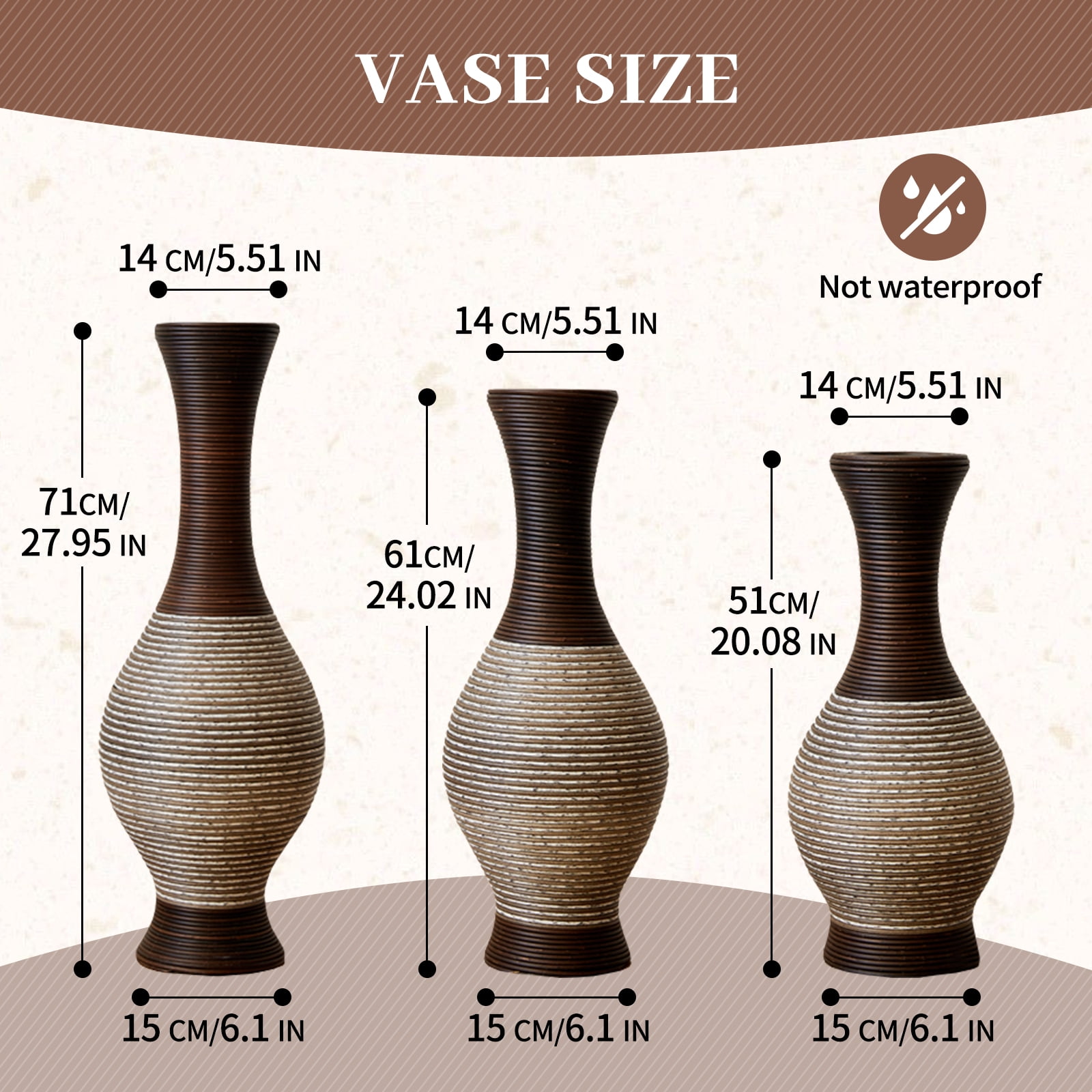 Aukfa Tall Floor Vase Set of 3, Extra Large Metal Decorative Vases for Living Room Dining Room Bedroom,Brown