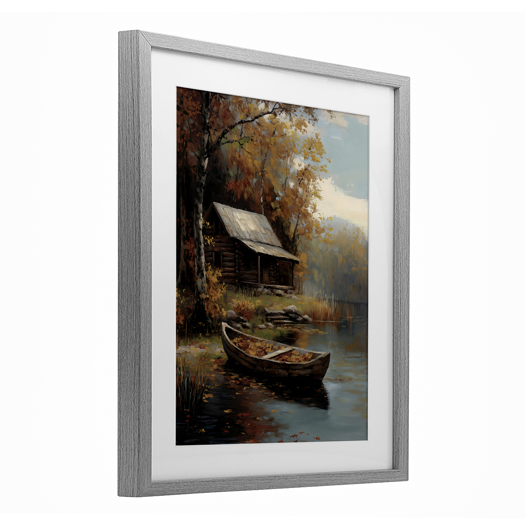 Autumn Cabin Canoe with Leaves Gray Framed Print Under Glass, design by Arlington Prints