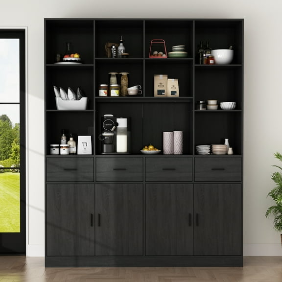KULAGAGA Pantry Storage Cabinet with 4 Drawers & 4 Doors, Large Kitchen Pantry Cabinet with Shelves, Hutch Storage for Kitchen Living Room Hallway, Black