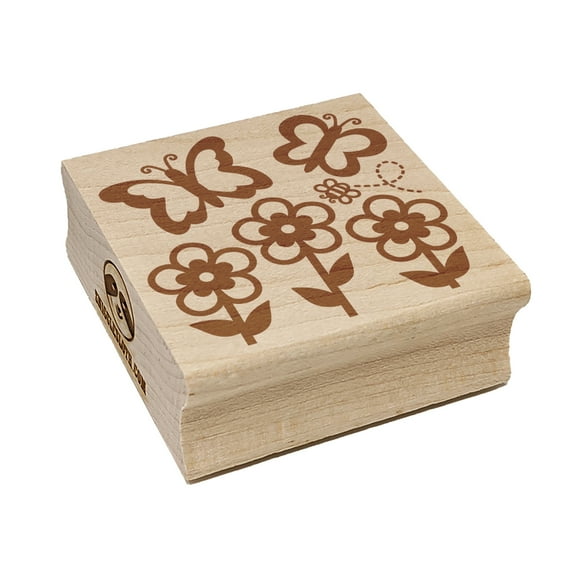 Flowers and Butterflies with Bee Square Rubber Stamp Stamping Scrapbooking Crafting - Small 1.25in