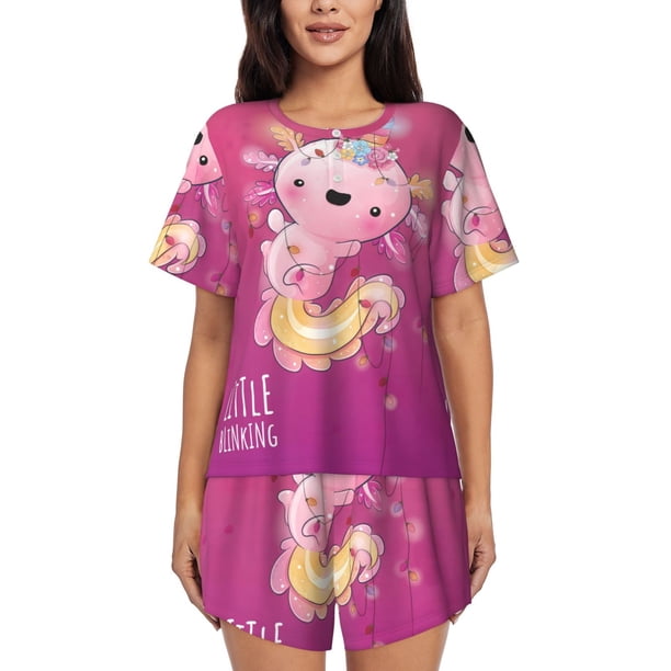 Balery Cute Pink Axolotl A Conjunto de Pijama para Mujer con Estampado, Dos Piezas de Manga Corta y Shorts, Ropa de Dormir Suave con Cuello Redondo y Bolsillos-XX-Large