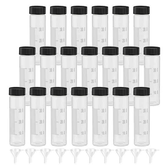 Graduated Borosilicate Glass Clear Vial 27mm Diameter 95mm Height 40mL with Black Screw Caps, 10 Funnels and Writing Patch 20pack