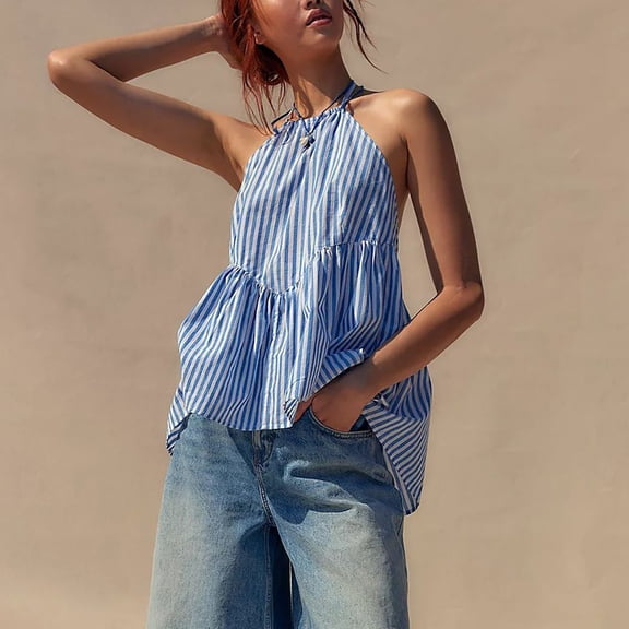 Racerback Tank Tops for Woman Sleeveless Striped Peplum Tank Top, Sexy Open Back & Ruched Hem Casual Blouse Tank Tops