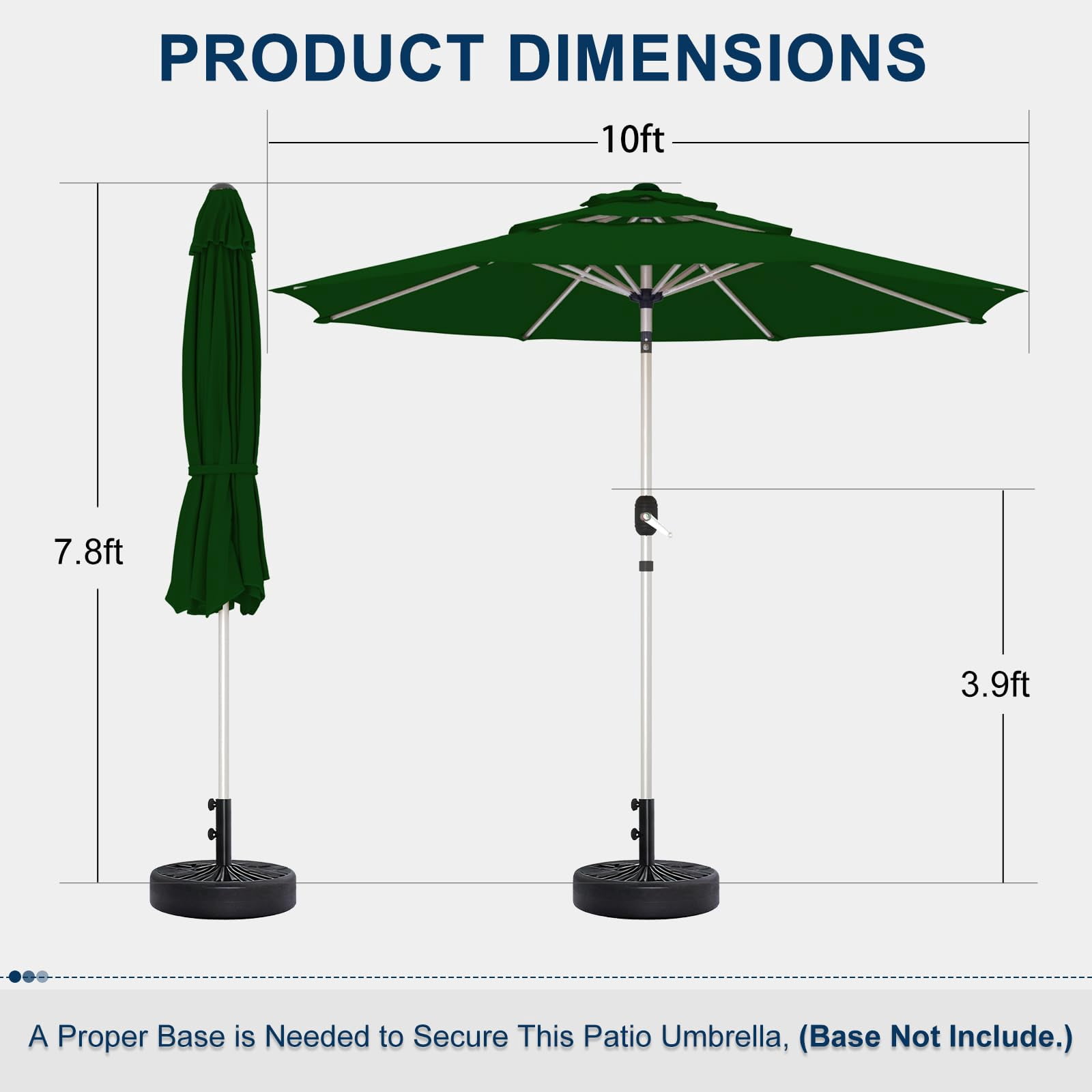 10FT 3-Tier Aluminum Outdoor Patio Umbrella, Fade-Resistant Market Umbrella with Push Button Tilt Function, 8 Sturdy All-Aluminum Ribs for Gardens, Patios, Backyards & Pools (Green)
