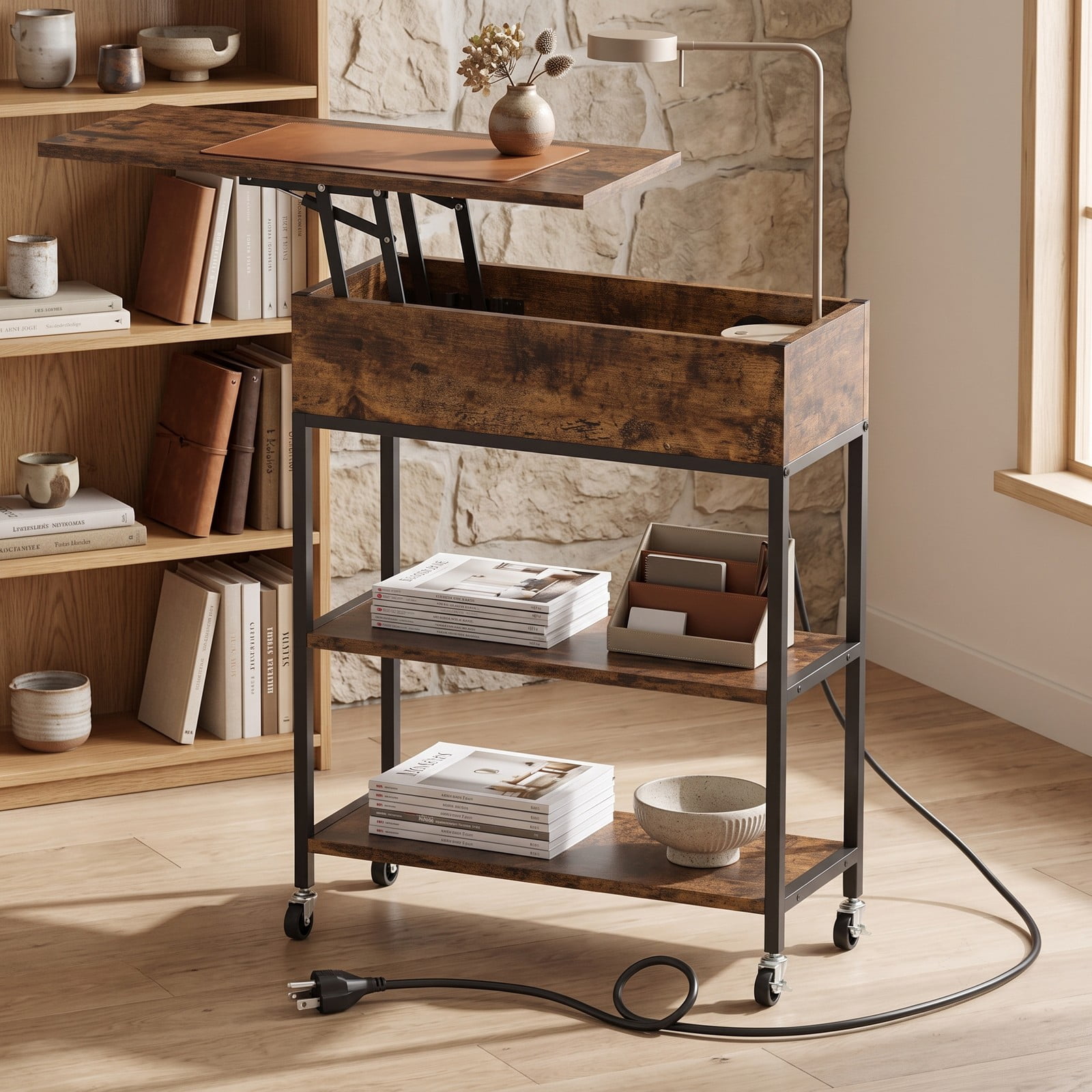 Furnibear Lift Top End Table with Charging Station and Universal Wheels, Rolling Side Table with Hidden Storage Compartment, USB & Type-C Ports, AC, Rustic Brown