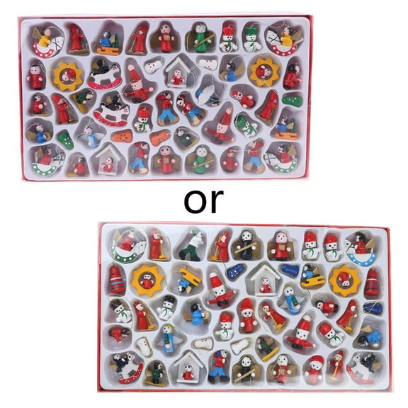 Set of 48 Mini Wooden Christmas Tree Ornaments Xmas Fillers Ornaments Figures Tiny Hanging Vintage Miniature Decorations