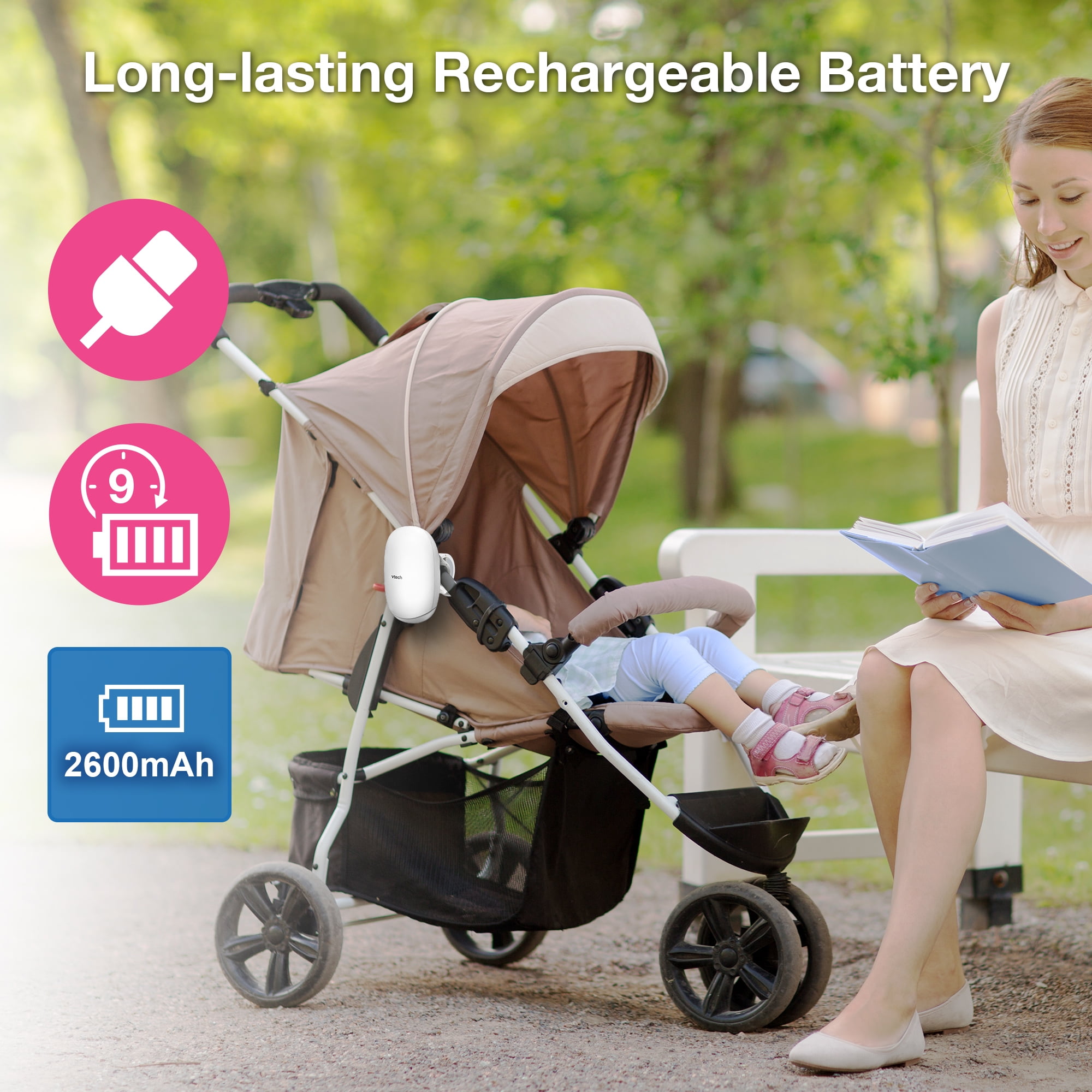 VTech BC8611 V-Hush™ Rocker Sound & Motion Stroller Soother for gentle rocking motion, with Night Light, White, BC8611