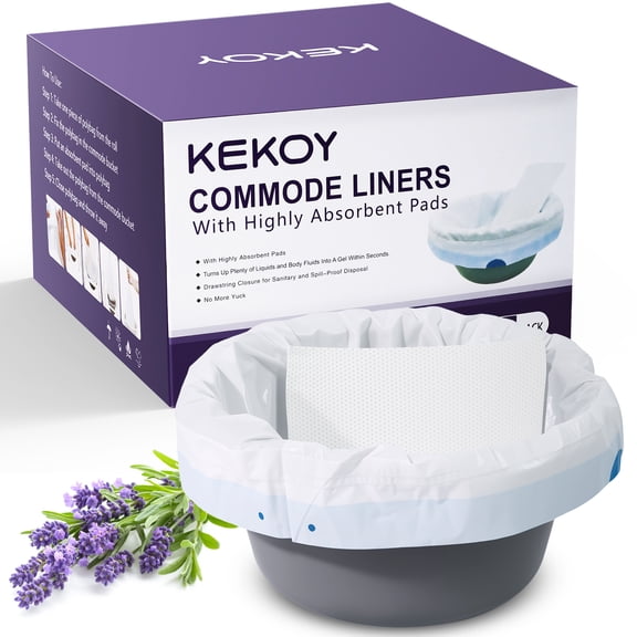 Kekoy Commode Liners with Absorbent Pads 60 Pack, Bedside Commode Liners, Lavender Scented Commode Bags, Disposable Potty Liners Universal Fit for Home & Hospital
