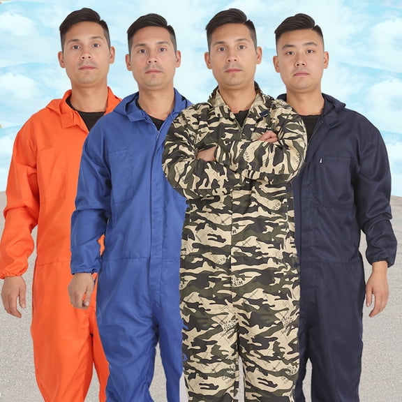 Joernso Unisex Work Jumpsuit Hooded Long Sleeve Patch Pocket Camouflage Print Jumpsuit Waist Tight Anti-Fouling Cargo Jumpsuit