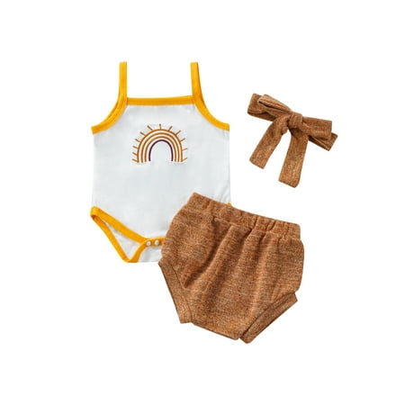 

Bebiullo Infant Baby Girls Summer Outfits Rainbow Embroidered Sleeveless Sling Bodysuit + Pantie + Hairband 3pcs 12-18 Months