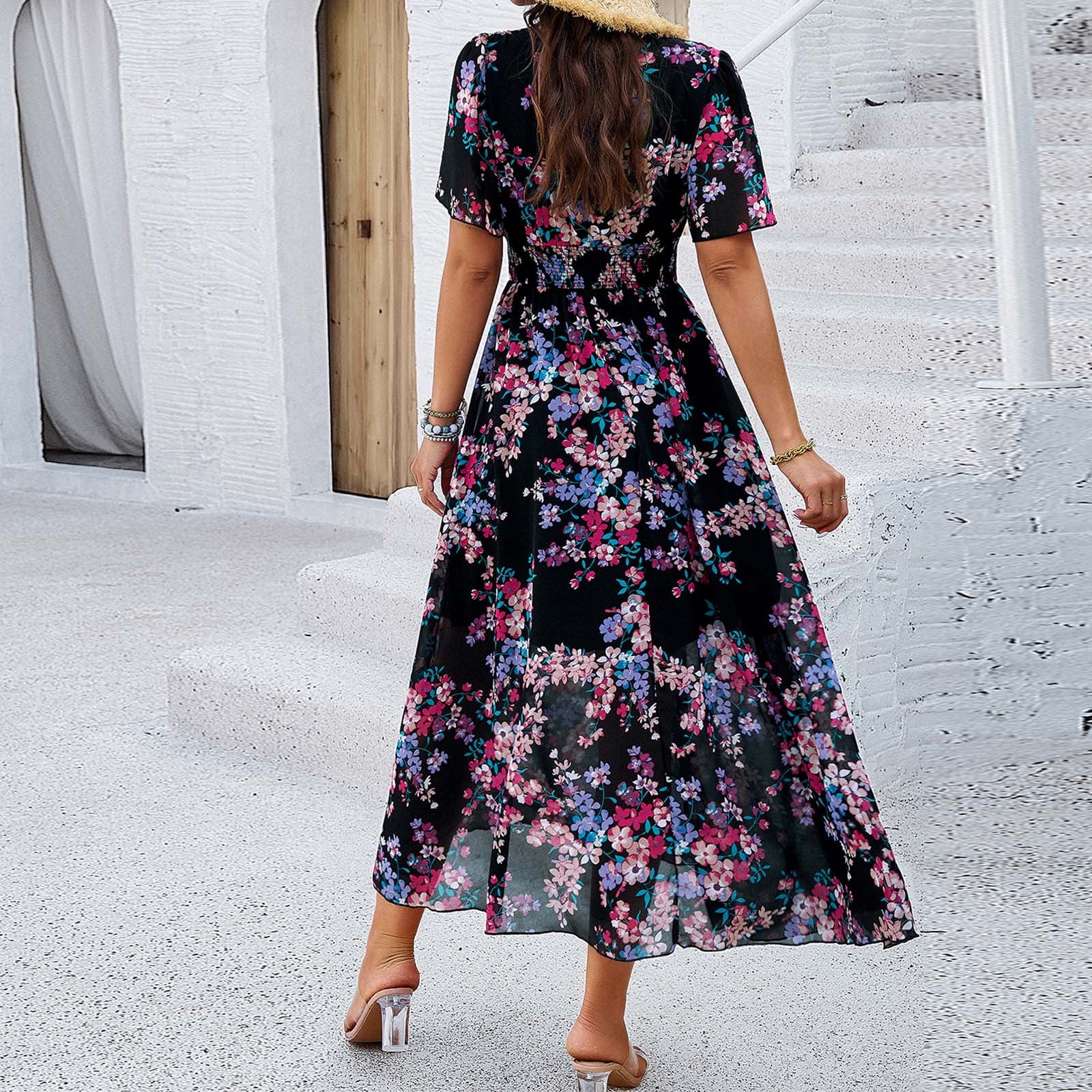 Jamsmile Womens Dress Summer Bohemian Style Floral Print Short Sleeve Dresses Casual High Waist Flowy Beach Boho Sundress