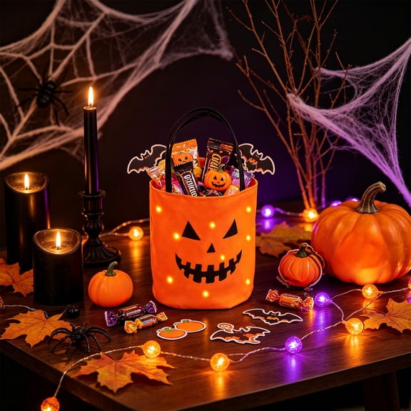 LED Light Up Halloween Candy Bucket with Pumpkin Skull Design for Kids Halloween Party Supply Gift Bag