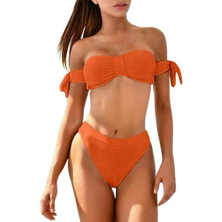 JIANJIA Womens Swimsuits Solid Color Backless Strapless Brassiere With High Waist Thongs Split Swimsuit Two Piece Bikinis Swimwears Holiday Wear Orange S
