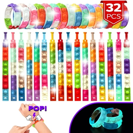 32 PCS Fidget Bracelets Pop it Toy, Glow in The Dark, Rainbow Party Favors, Anti-Anxiety Stress Relief Wristband Set, Push Bubbles Sensory Autistic Pack Kids Ages 5 8 12 Toddler Adult Student Gift