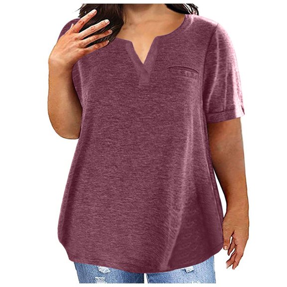 Gamivast V Neck Shirts for Women Plus Size Short Sleeve Casual Summer Tops Loose Fit Split Neck Blouses with Faux Pocket Detail Basic Comfy Tees for Everyday Wear Loungewear Wine XXL