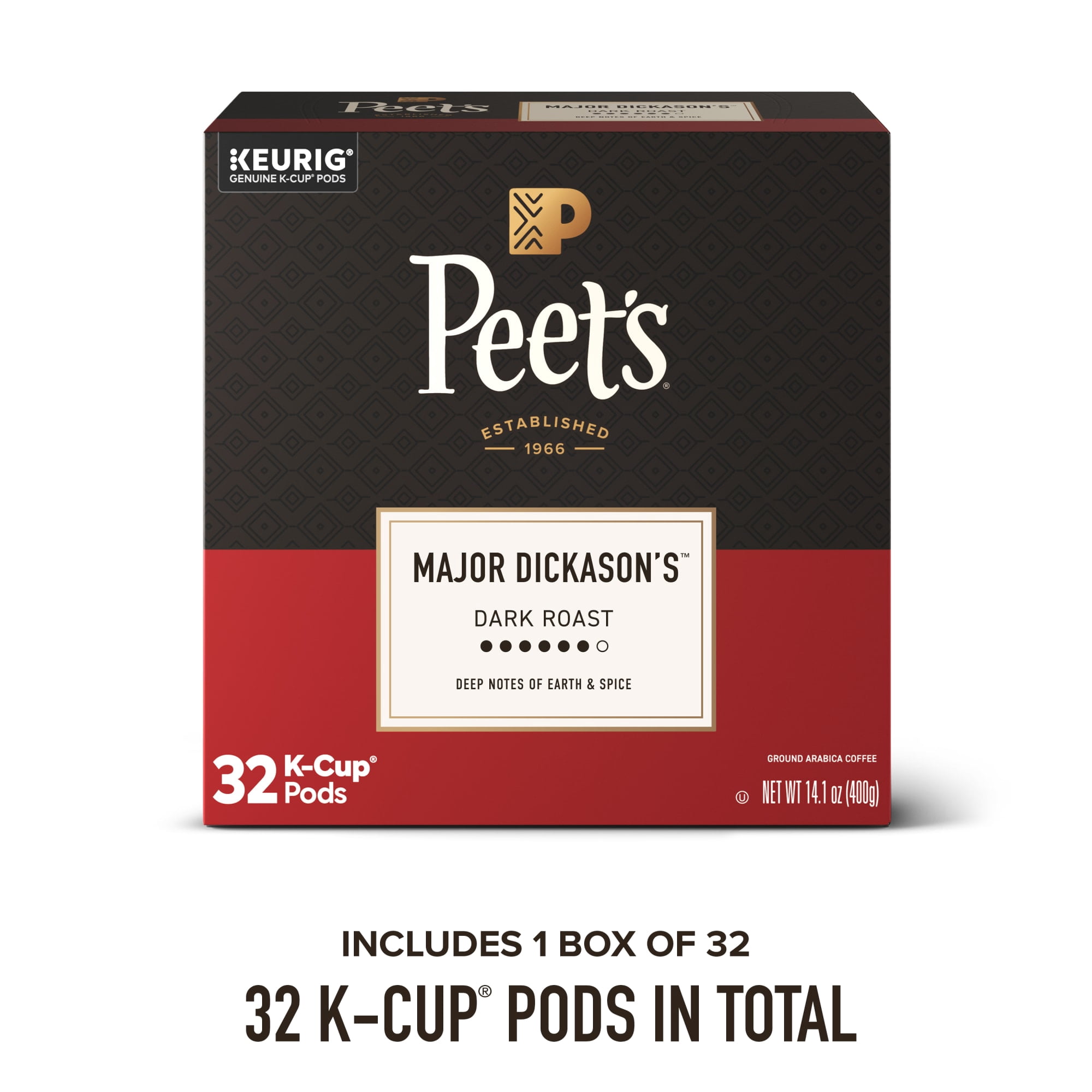 Peet's Coffee Major Dickason's Blend Premium Dark Roast Single Serve Coffee Pods, 32 Count