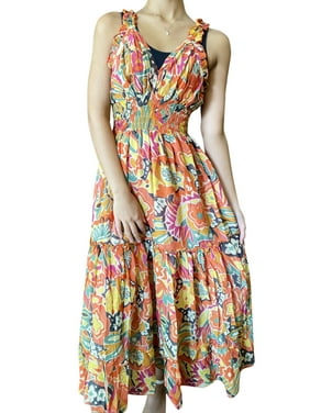 Mogul Women Maxi Dress, Multi Color Floral Cotton summer dress, Cotton Maxi Dresses, Sleeveless Bohemian House Dresses M