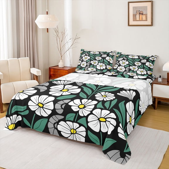 jejeloiu Modern Floral Bed Sheets For Girls,Bold Pattern Full Size Sheets,Black White Green,4-Piece,1 Flat Sheet, 1 Fitted Sheet and 2 Pillowcases